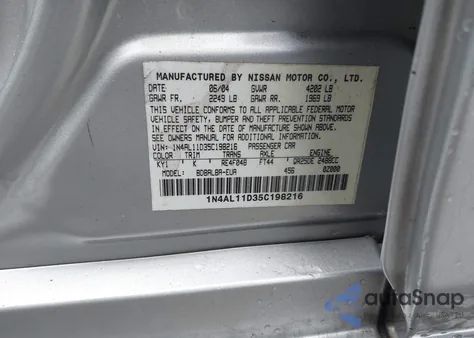 2005 Nissan Altima 2.5 S из США, поврежденный, VIN 1N4AL11D35C198216